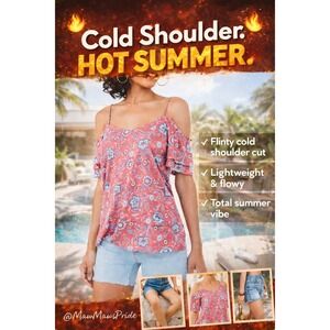 Aeropostale Womens Medium Floral Cold Shoulder Ruffle Sleeve Top Coral Pink Boho